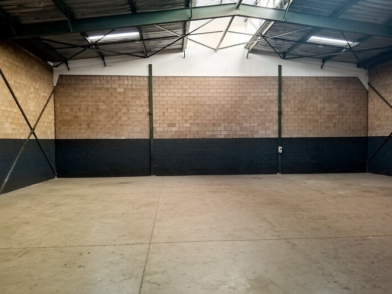 Spacious industrial utility area featuring high ceilings with exposed steel trusses, concrete flooring, and blockwork walls with integrated skylights for natural illumination.