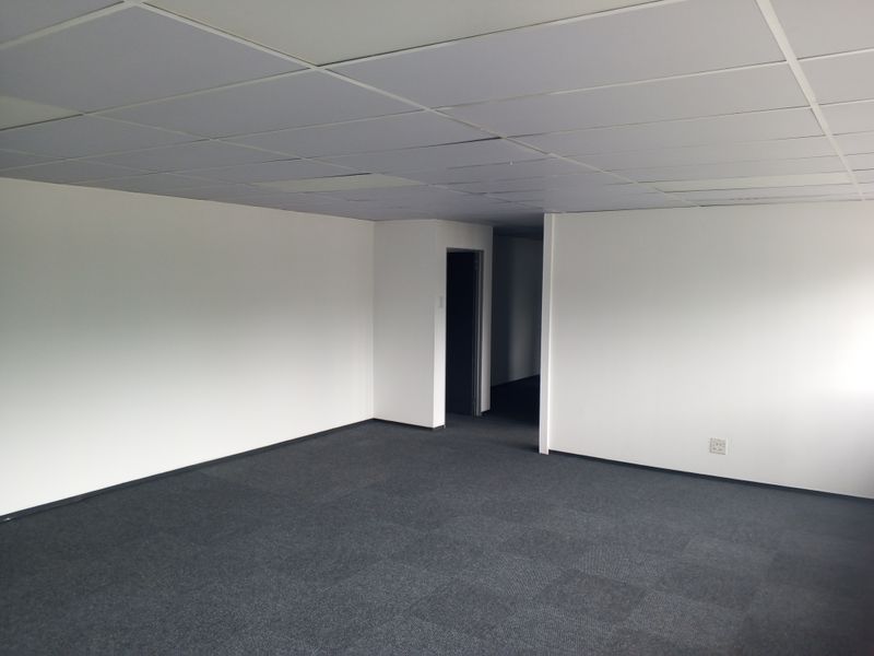 A clean, empty office space featuring a suspended ceiling, grey carpet tiles, and neutral white walls, suitable for a professional workspace.