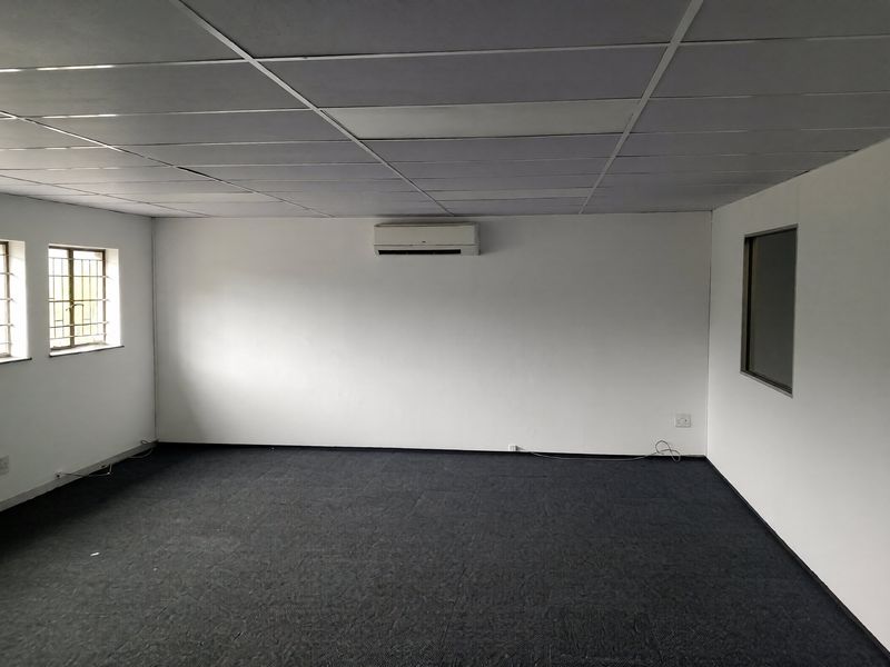 A clean, empty office space featuring a suspended ceiling, carpeted flooring, and a wall-mounted split-system air conditioner.