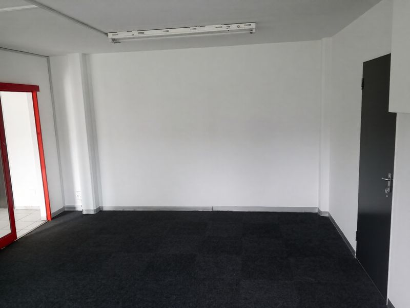 A clean, empty office space featuring dark carpet tiles, white walls, and a functional fluorescent light fixture.