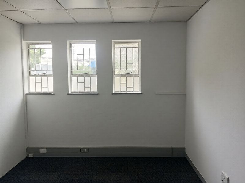 An empty office space featuring a suspended ceiling, carpeted flooring, and windows fitted with security bars.