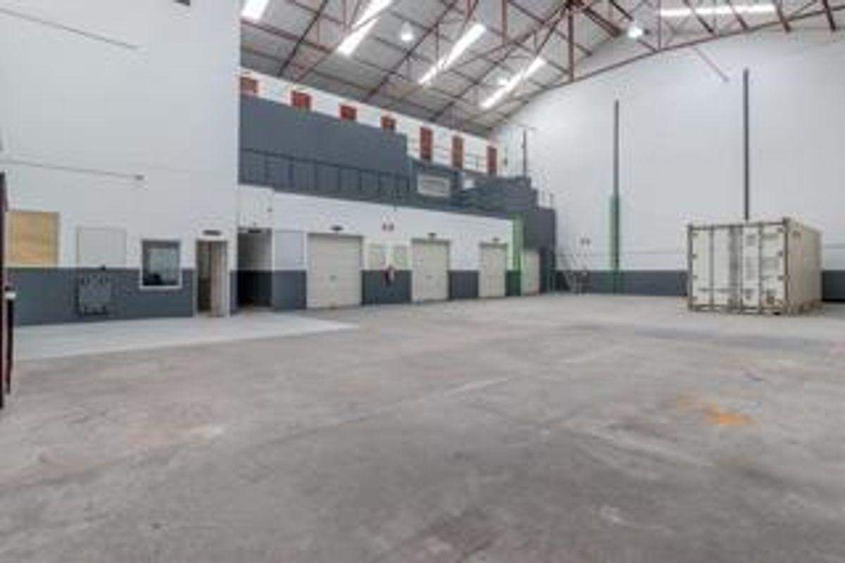 Spacious industrial warehouse unit featuring high ceilings with exposed steel trusses, multiple roller shutter doors, and durable concrete flooring.