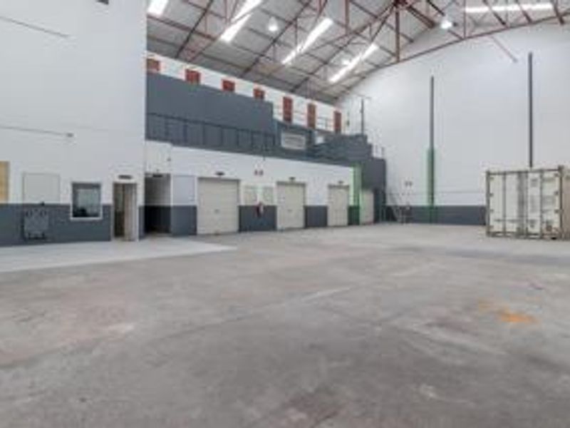 Spacious industrial warehouse unit featuring high ceilings with exposed steel trusses, multiple roller shutter doors, and durable concrete flooring.