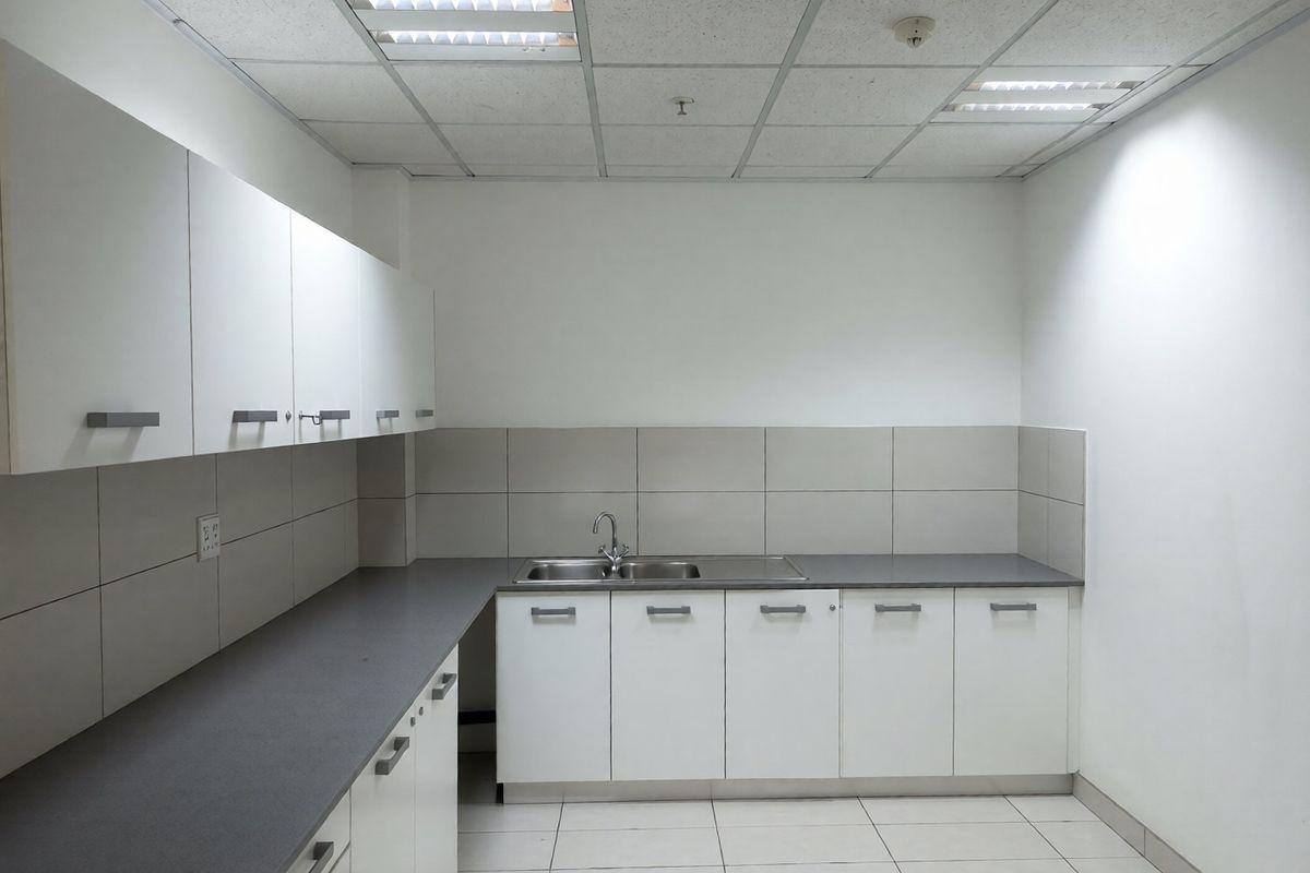 A clean, functional office kitchenette featuring white cabinetry, grey countertops, a stainless steel sink, and neutral tiled finishes.