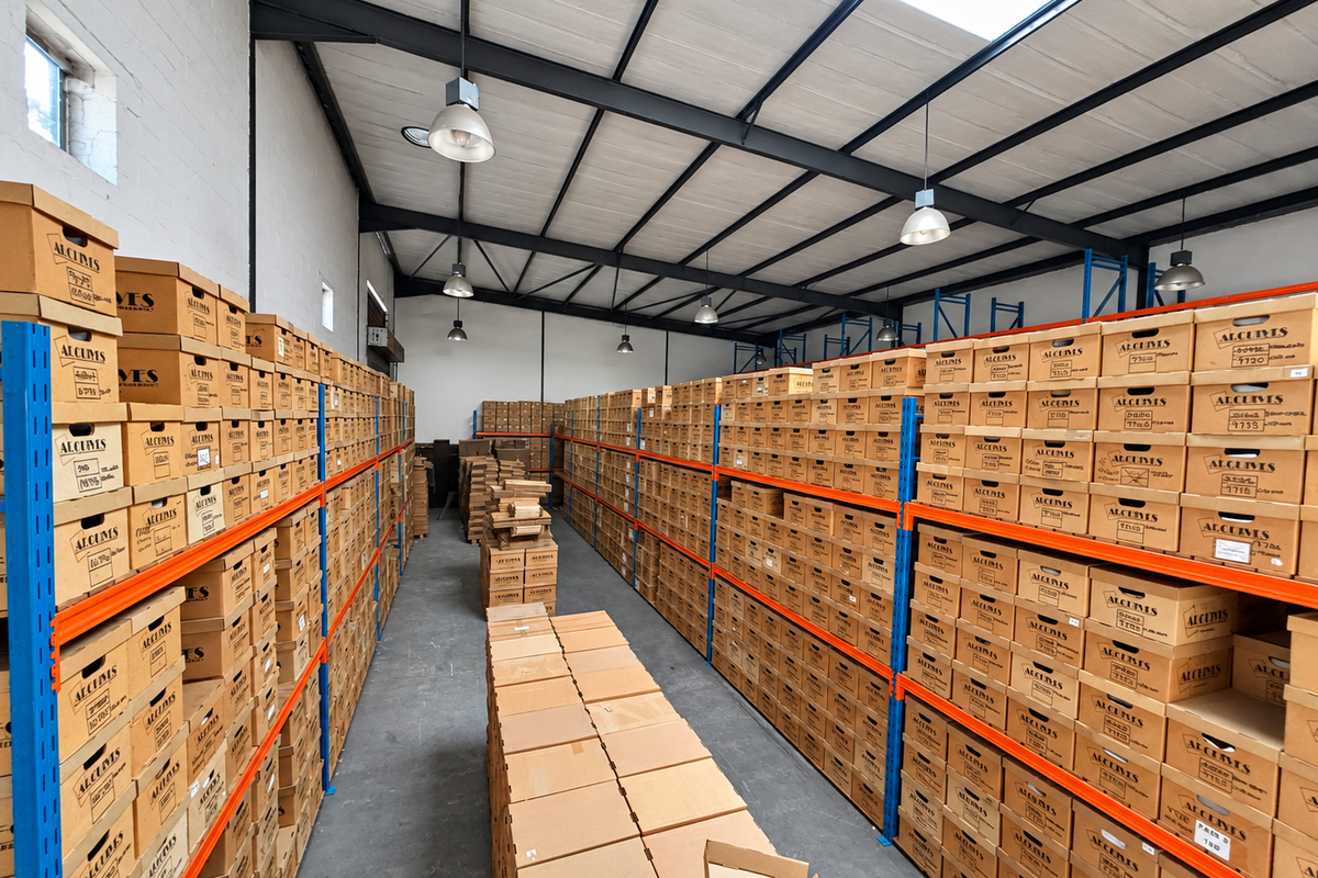 Spacious industrial storage facility featuring high ceilings with exposed steel trusses, skylights, and extensive heavy-duty steel racking systems for organized archival storage.
