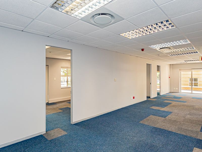 A spacious, empty office area featuring a suspended ceiling with recessed lighting, blue and grey carpet tiles, and access to an adjoining room.