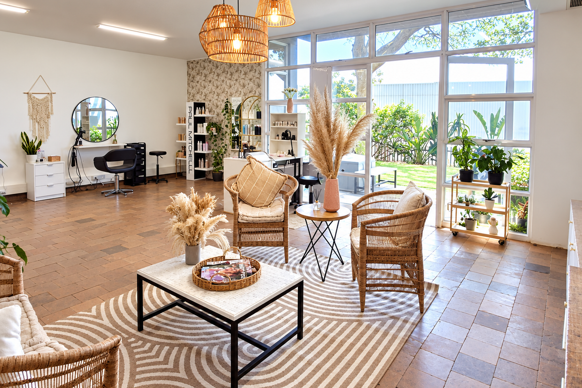 A bright and spacious office area featuring large glass windows, tiled flooring, and modern recessed lighting, creating an inviting and professional workspace environment.