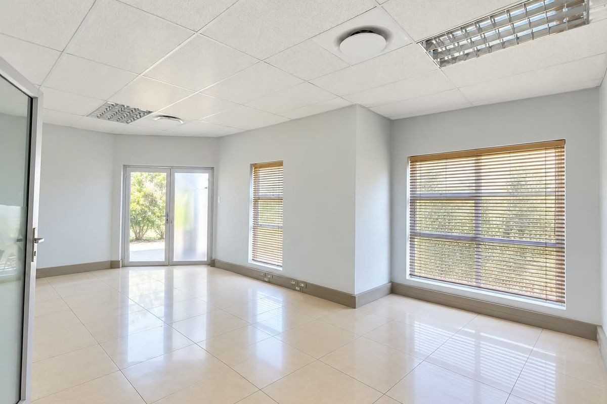 A bright, vacant office space featuring ceramic tile flooring, suspended ceilings with recessed lighting, and large windows with fitted venetian blinds.