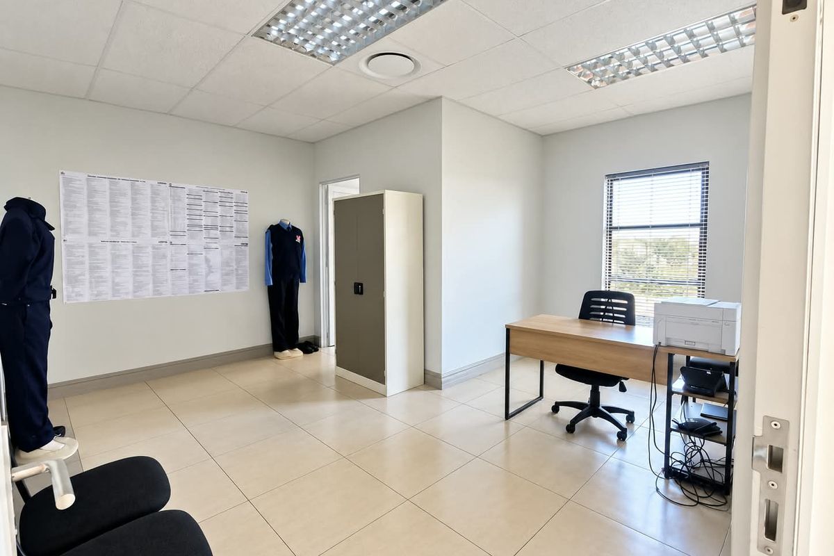 A clean, well-lit office space featuring neutral tiled flooring, a suspended ceiling with recessed lighting, and large windows with fitted blinds.