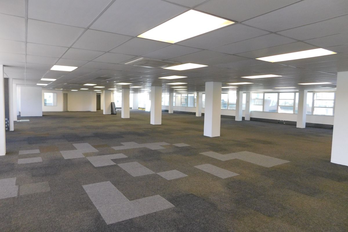 A spacious, open-plan office area featuring a suspended ceiling with recessed lighting, structural columns, and patterned carpet tiles throughout the floor.