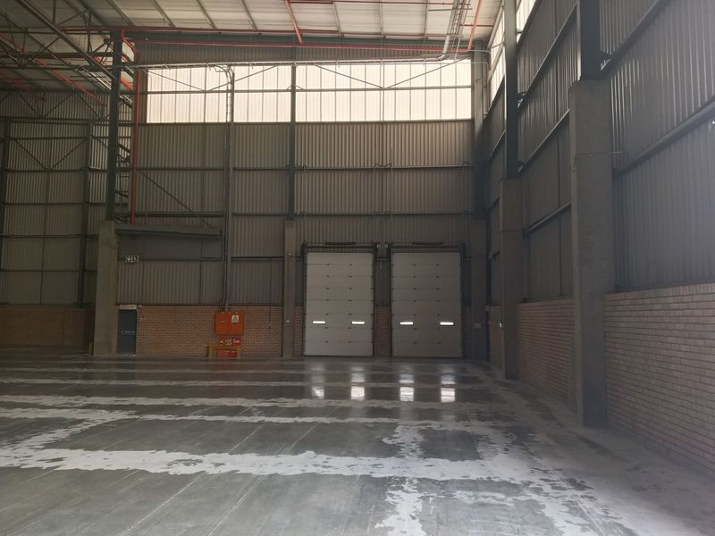 Spacious industrial warehouse featuring high ceilings, exposed steel structure, concrete flooring, and dual roller shutter doors for efficient loading access.