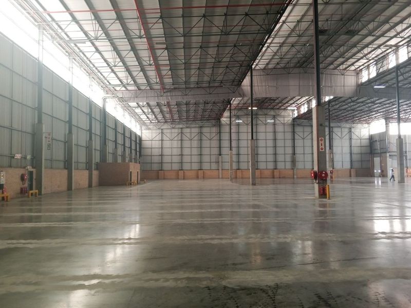 Spacious industrial warehouse featuring high ceilings with exposed steel trusses, polished concrete flooring, and metal wall cladding, equipped with fire safety infrastructure.