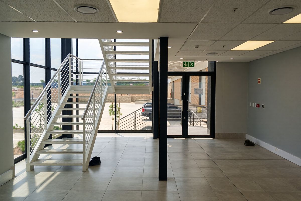 Modern industrial entrance lobby featuring a sleek metal staircase, expansive glass curtain walling, and high-quality ceramic floor tiles in a bright, open-plan space.