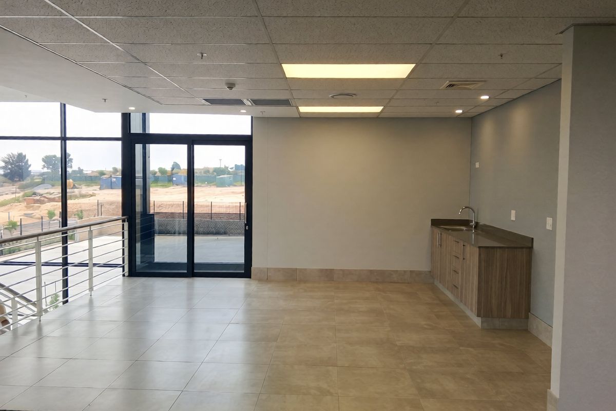 A clean, modern industrial office kitchenette featuring built-in cabinetry, a sink, tiled flooring, and large glass sliding doors leading to an outdoor area.
