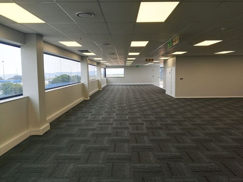 A spacious, open-plan industrial office area featuring carpeted flooring, suspended ceilings with recessed lighting, and large windows providing ample natural light.