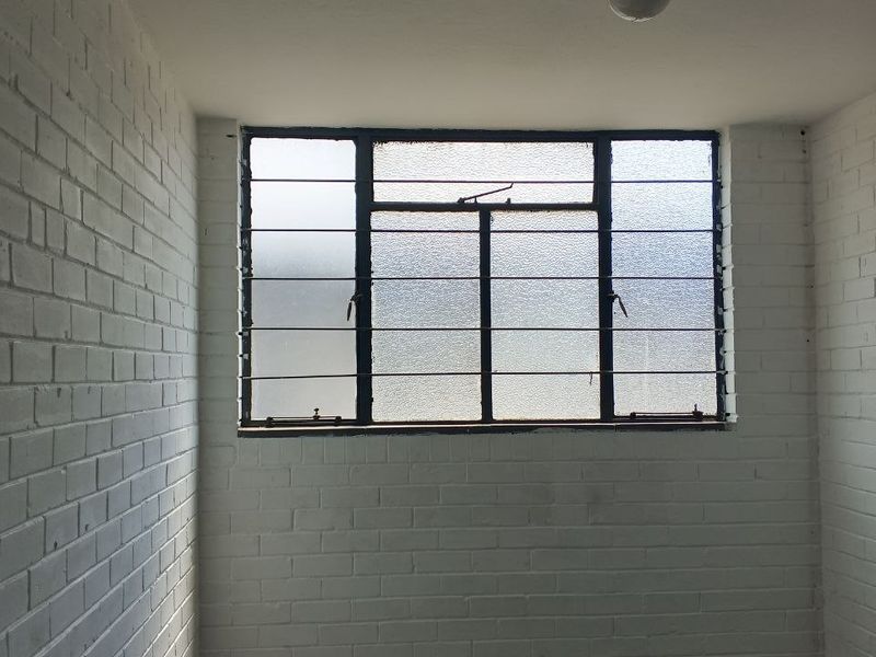 A simple, empty utility space featuring painted brick walls, a steel-framed window with textured glass, and a basic ceiling light fixture.