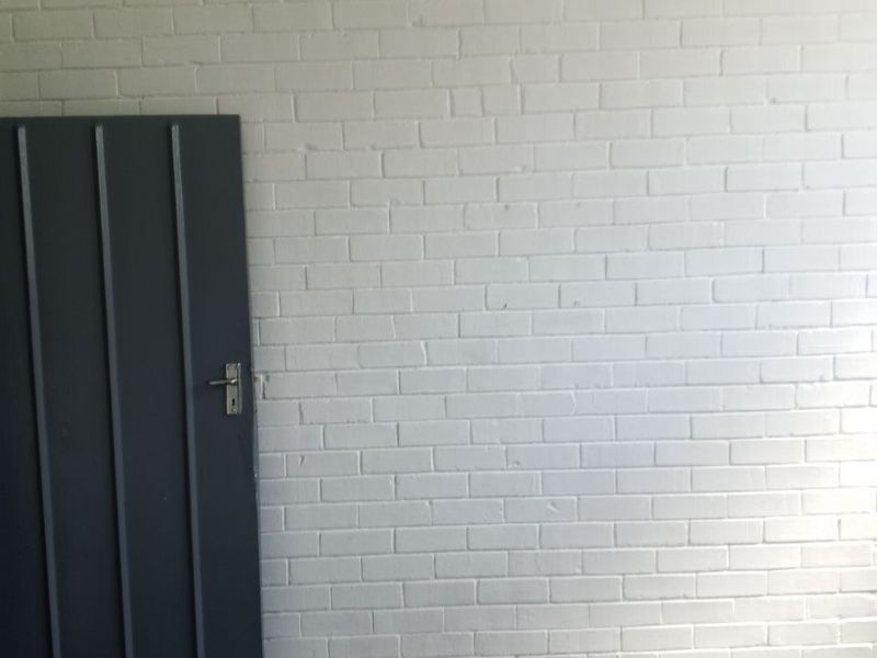 An empty interior space featuring a painted white brick wall and a dark grey internal door with a black floor.