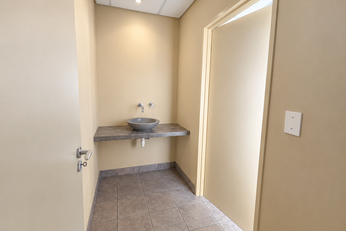 A clean, minimalist bathroom area featuring a modern vessel sink on a stone-look vanity countertop with neutral wall finishes and tiled flooring.