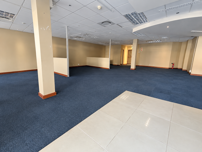 Spacious open-plan retail or office area featuring a mix of carpeted and tiled flooring, suspended ceilings, and structural columns.
