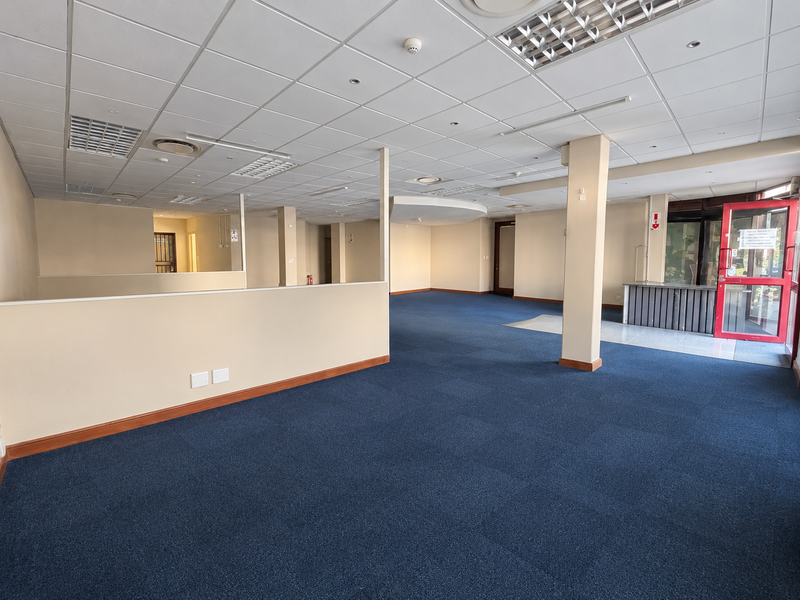 Spacious open-plan retail or office area featuring a suspended ceiling, recessed lighting, blue carpeting, and a prominent red-framed glass entrance door.