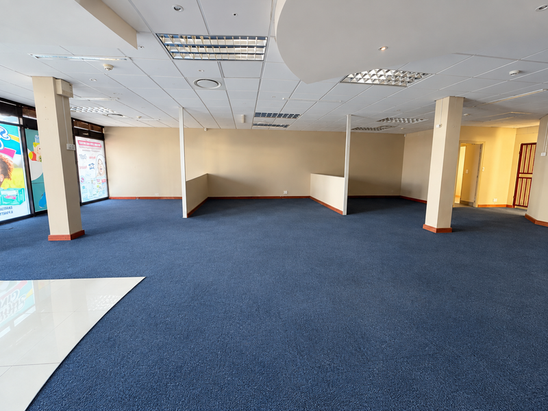 Spacious open-plan retail area featuring a suspended ceiling, recessed lighting, and blue carpeting, offering a versatile layout for various commercial business needs.