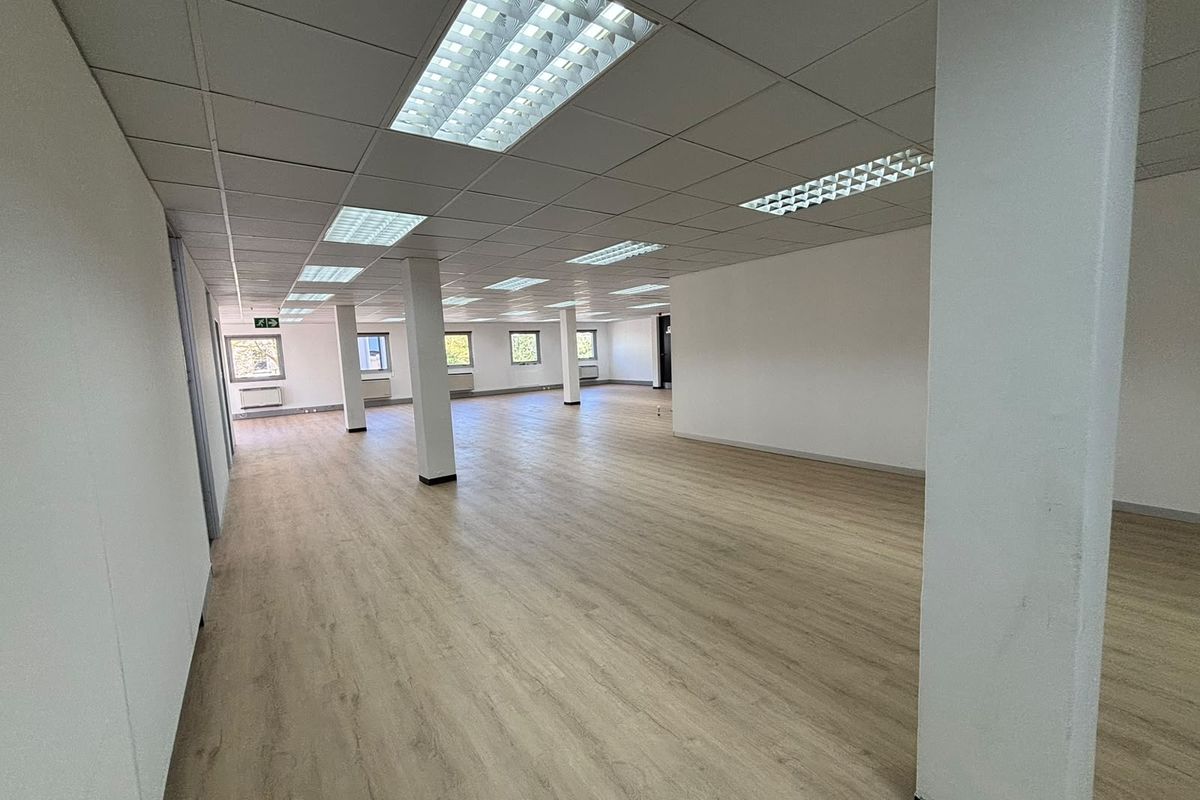 Spacious, open-plan office area featuring modern laminate flooring, suspended ceilings with recessed lighting, and multiple windows providing natural light.