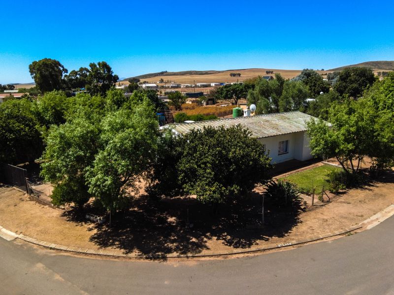 Aerial view of a small holding property featuring a dwelling with a corrugated metal roof, mature trees, and surrounding landscape.