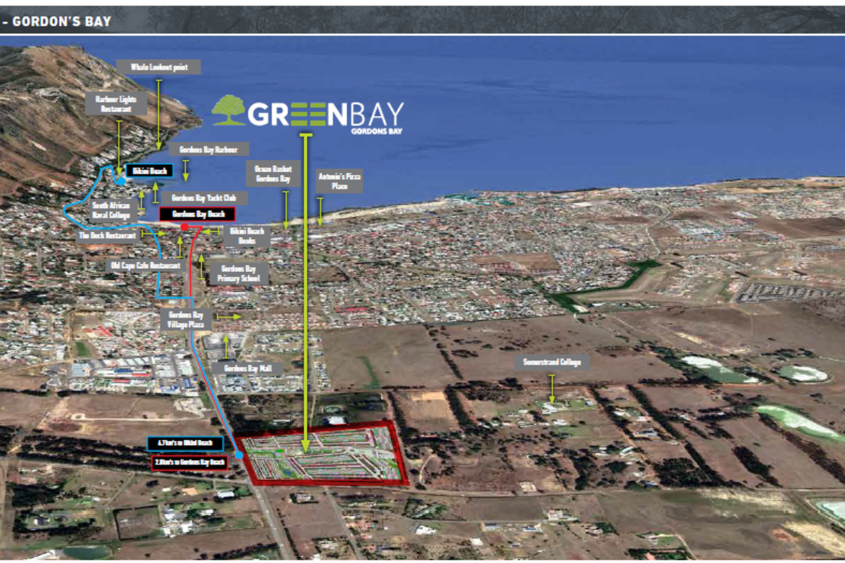 An aerial location map highlighting the Greenbay development in Gordon's Bay, showing proximity to local amenities, beaches, and schools.