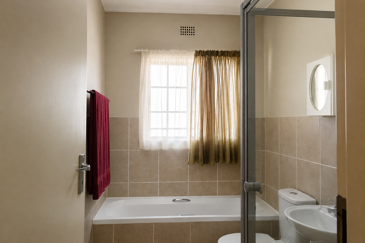 A functional bathroom featuring a built-in bathtub, pedestal washbasin, toilet, and a glass-enclosed shower area with neutral wall tiling.