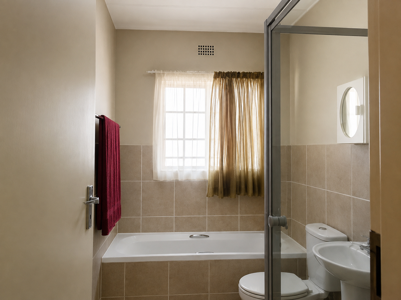 A functional bathroom featuring a built-in bathtub, pedestal washbasin, toilet, and a glass-enclosed shower area with neutral wall tiling.