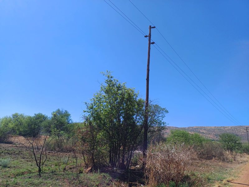 A view of the rural landscape featuring natural vegetation, rolling hills, and an overhead utility pole with power lines.