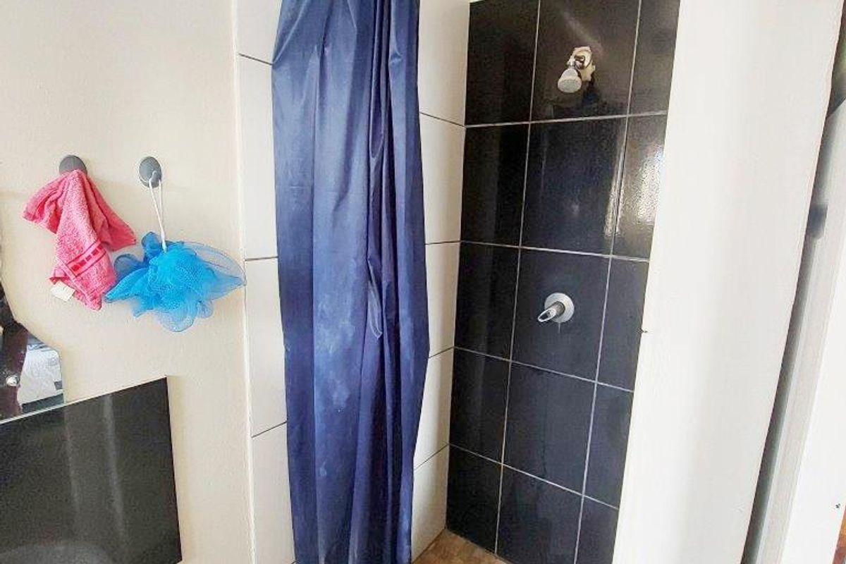 A functional bathroom featuring a walk-in shower with dark tiled walls and a pedestal basin.