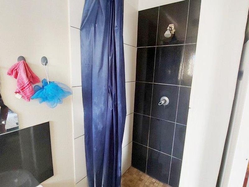 A functional bathroom featuring a walk-in shower with dark tiled walls and a pedestal basin.
