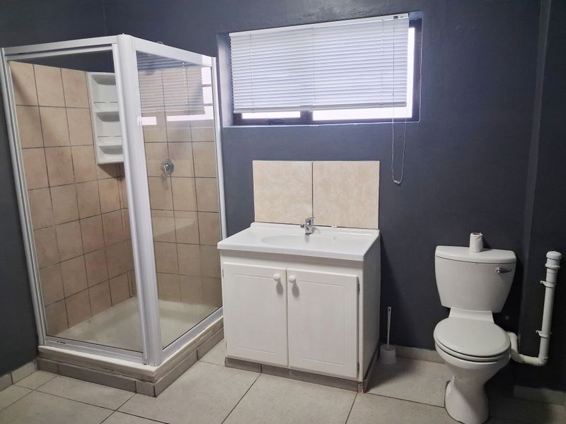 A functional bathroom featuring a shower enclosure, vanity cabinet with basin, and toilet, finished with tiled flooring and dark wall paint.