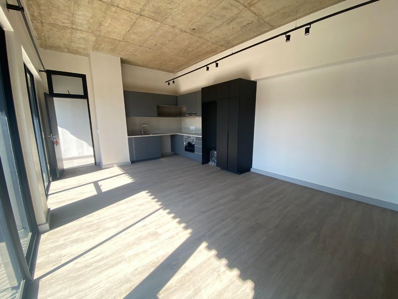 Modern open-plan living area featuring an exposed concrete ceiling, track lighting, and a sleek kitchen with built-in cabinetry and integrated appliances.