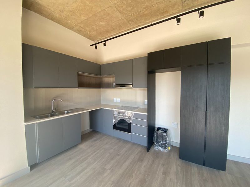 Modern kitchen featuring sleek grey cabinetry, integrated oven and hob, exposed concrete ceiling, and track lighting in a clean, contemporary apartment setting.