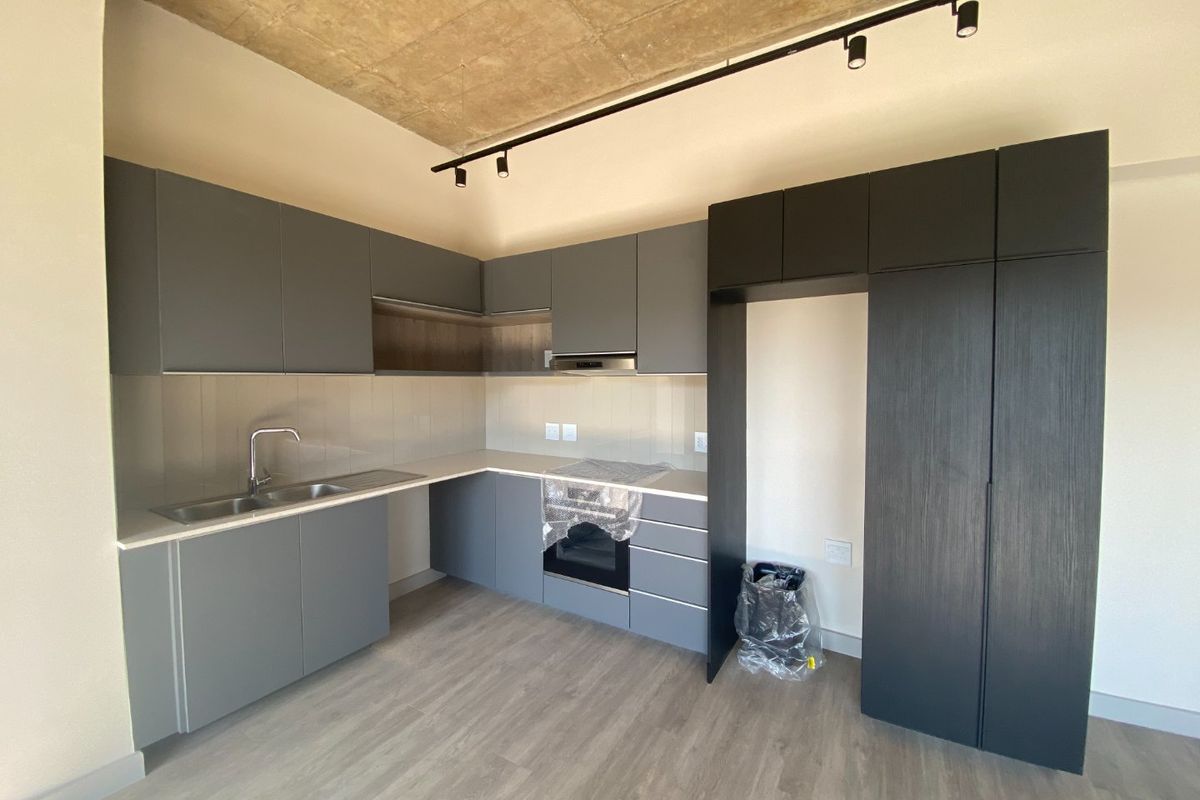 Modern kitchen featuring sleek grey cabinetry, integrated oven and hob, exposed concrete ceiling, and track lighting in a clean, contemporary apartment setting.