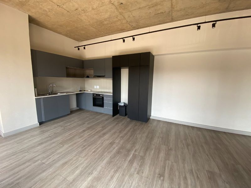 Modern open-plan kitchen featuring sleek grey cabinetry, built-in appliances, exposed concrete ceiling, and track lighting in a spacious, light-filled living area.