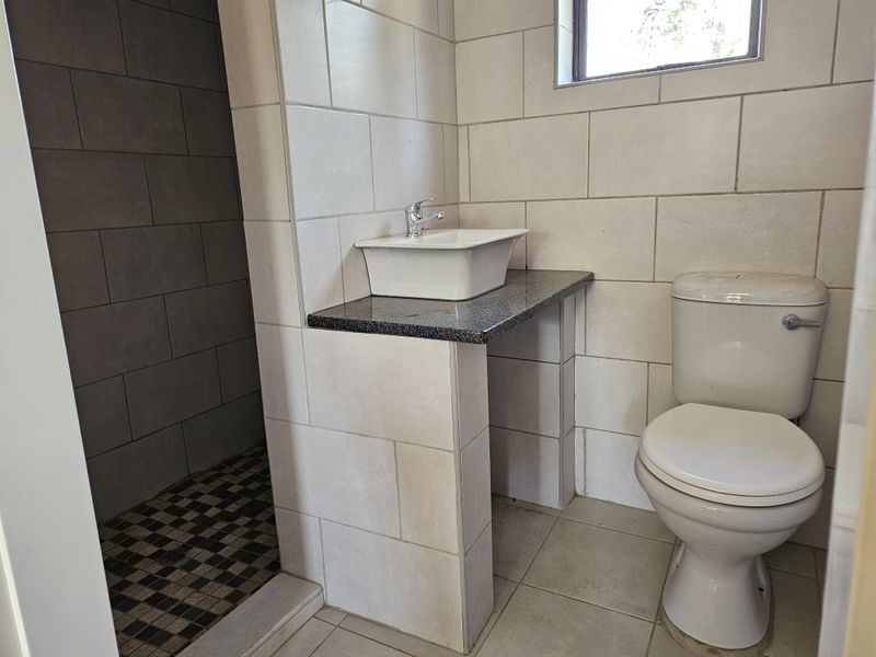 A functional bathroom featuring a walk-in shower with mosaic floor tiles, a vessel sink on a granite vanity, and a standard toilet.