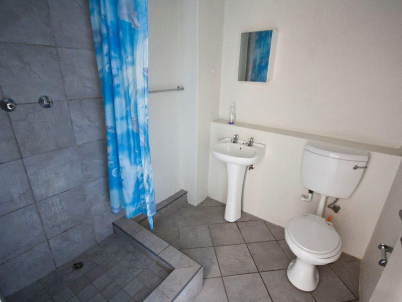A functional bathroom featuring a walk-in shower with tiled surround, pedestal basin, and standard toilet.
