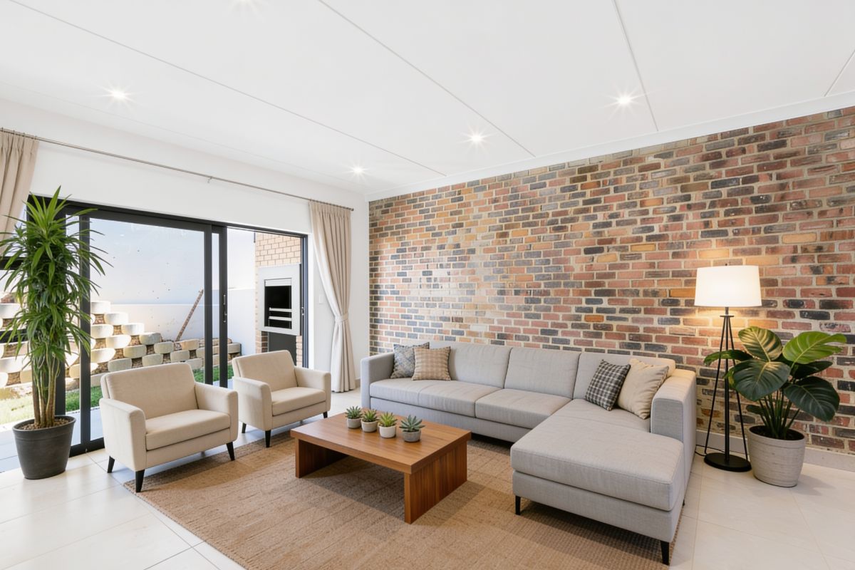 Spacious living area featuring a striking exposed brick feature wall, tiled flooring, and large sliding glass doors opening to an outdoor patio area.