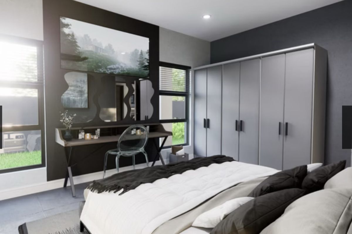 Modern bedroom featuring built-in floor-to-ceiling wardrobes, recessed downlighting, and large windows providing ample natural light.