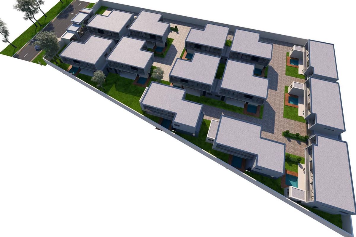 An aerial 3D architectural rendering of a residential development featuring multiple modern housing units with private pools and landscaped garden areas.