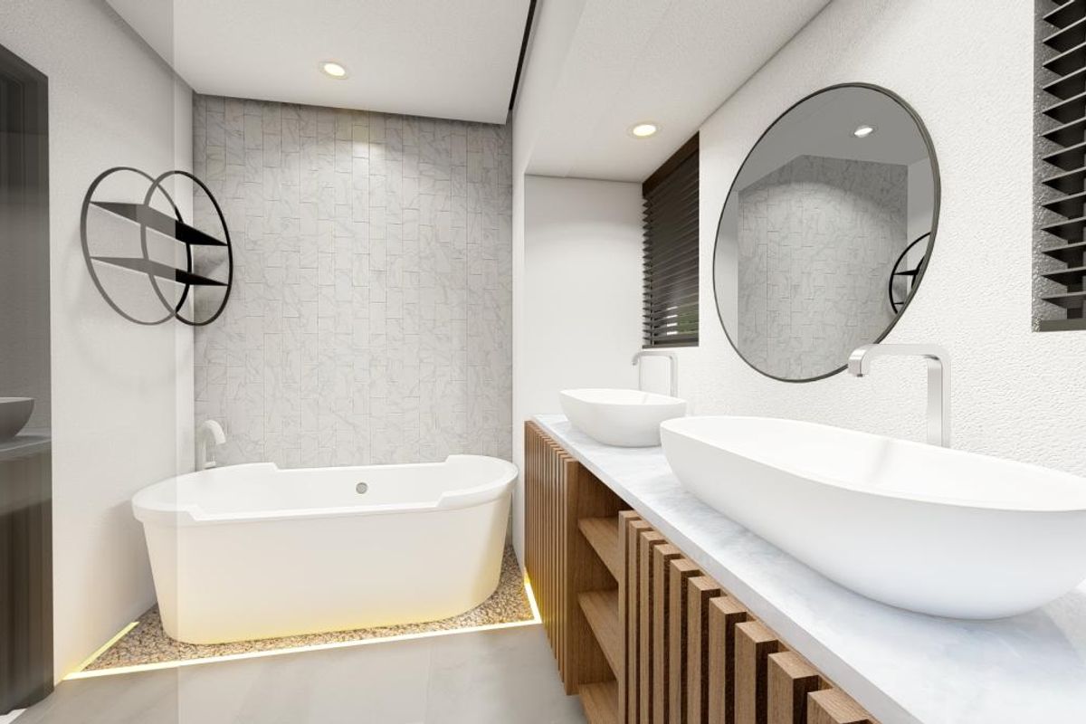 Modern bathroom featuring a freestanding bathtub, double vessel sinks on a slatted wooden vanity, and contemporary wall tiling.