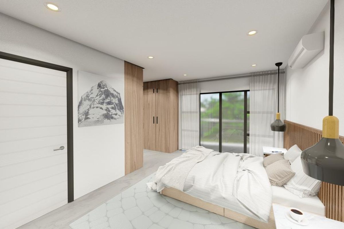 Modern bedroom featuring built-in wooden cabinetry, recessed ceiling lighting, wall-mounted air conditioning unit, and large sliding glass doors leading to the exterior.