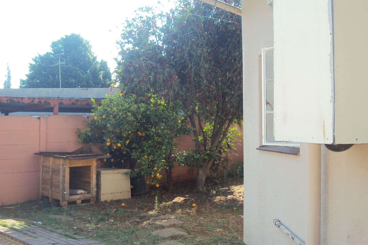 A view of the rear garden area featuring a boundary wall, mature fruit trees, and a portion of the house exterior.