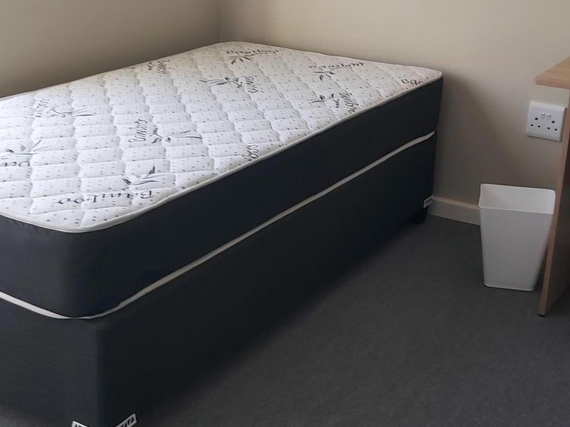 A simple bedroom space featuring neutral wall tones, carpeted flooring, and a functional electrical outlet.