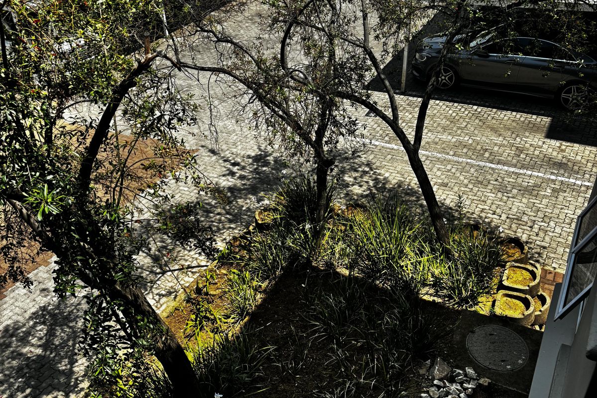 An elevated view looking down onto a paved parking area and landscaped garden space within the apartment complex grounds.