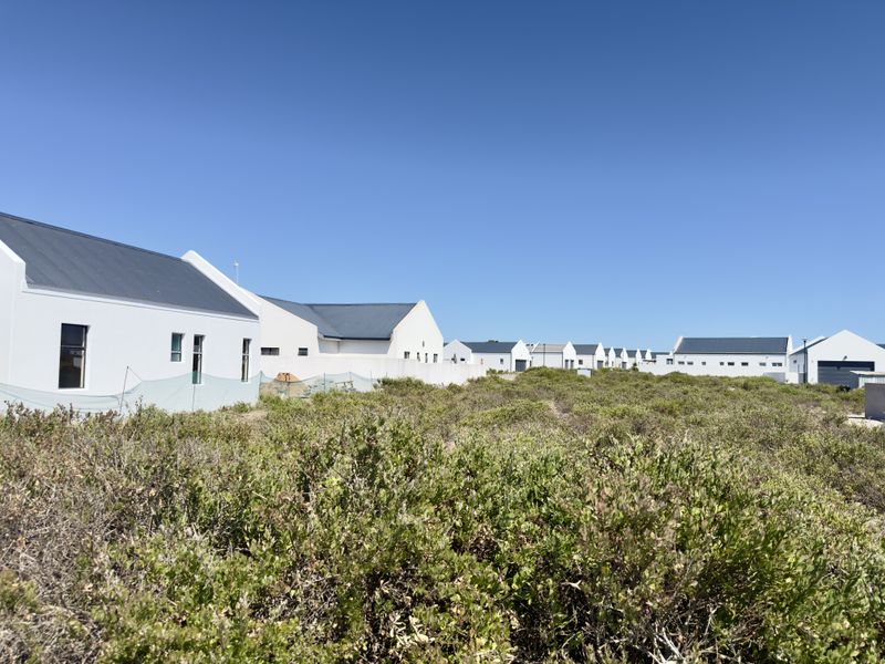 A view of a vacant residential plot featuring natural coastal vegetation, with established modern white homes visible in the background.