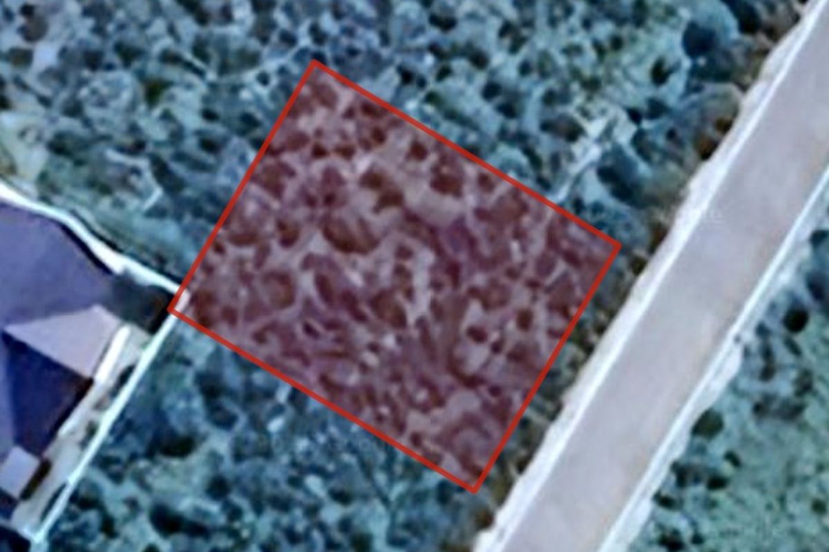 An aerial view of a vacant residential plot highlighted in red, showing its location relative to the adjacent property and road.